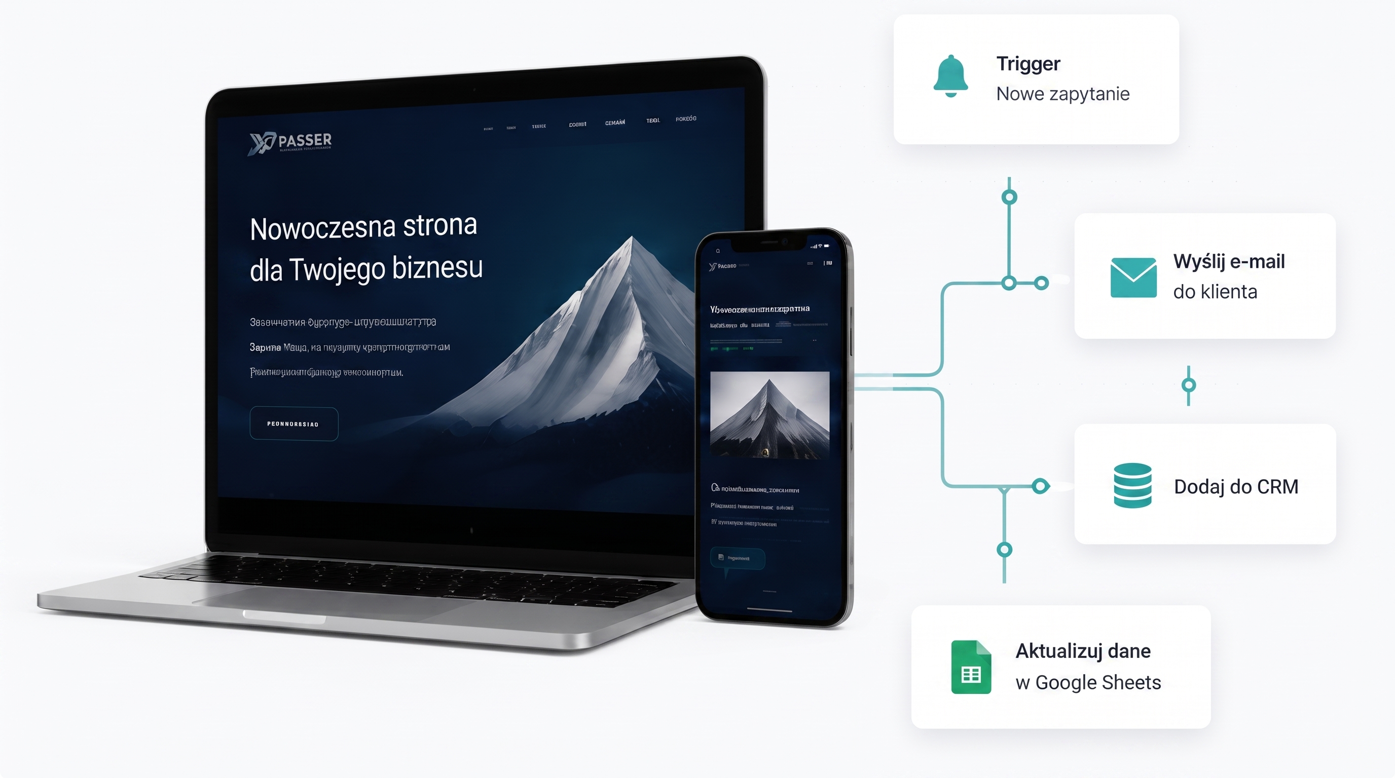 Ilustracja automatyzacji na laptopie i smartfonie